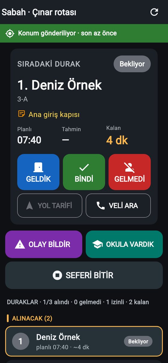 Rehber uygulaması sabah seferi: sıradaki durak ve büyük işlem düğmeleri