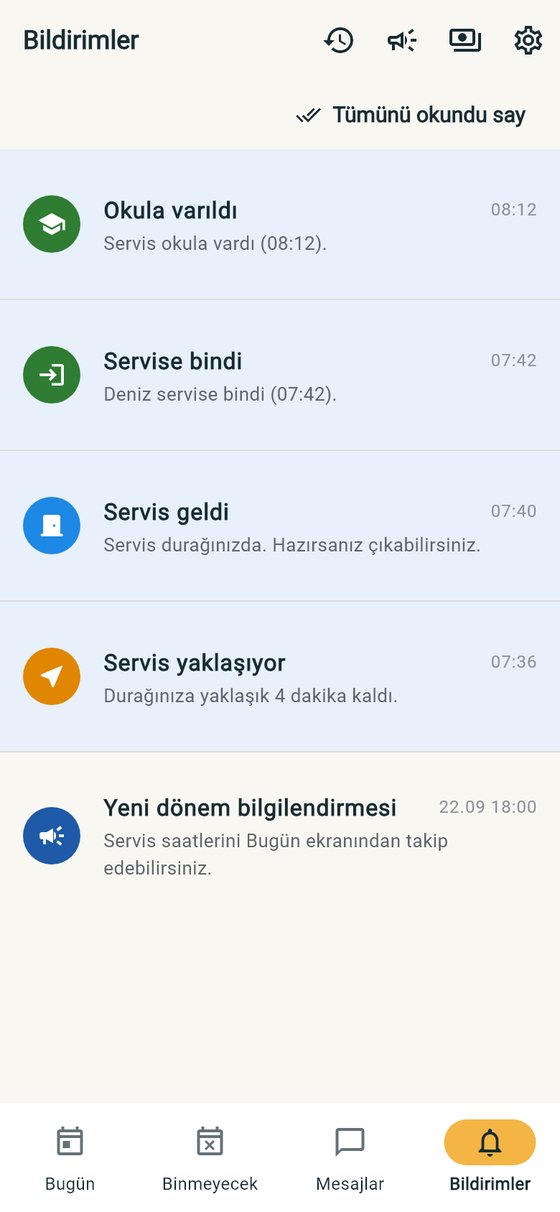 Veli uygulaması Bildirimler ekranı: yolculuk adımları saatleriyle