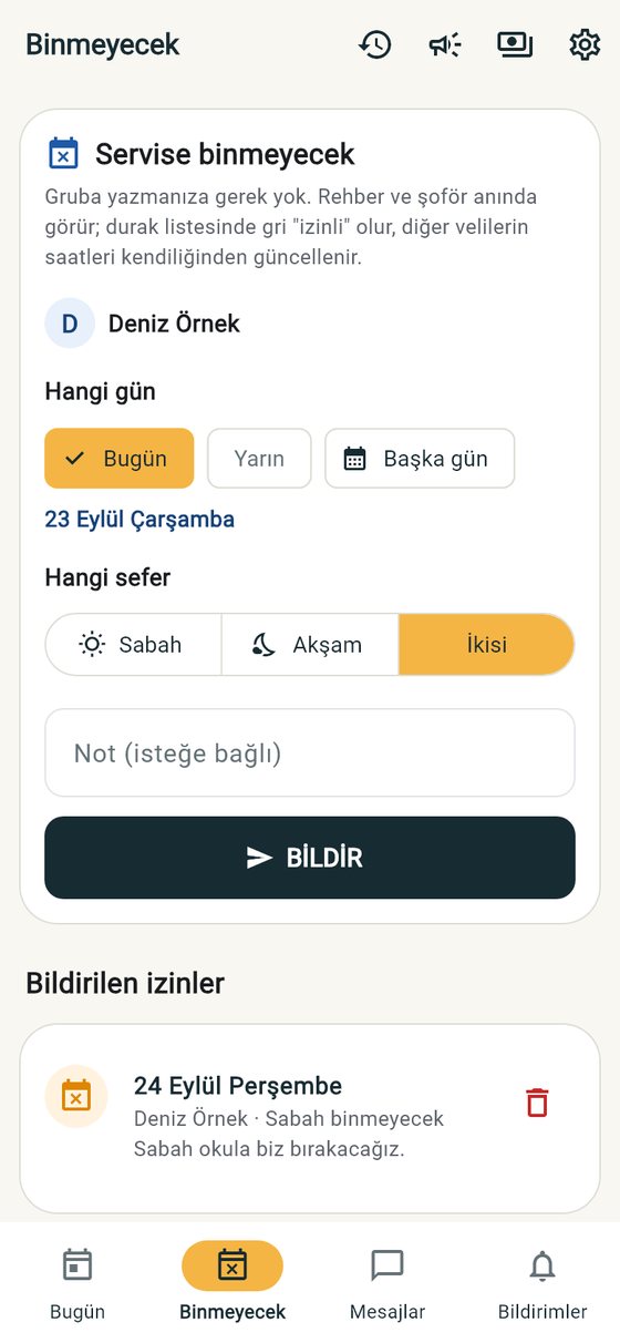 Veli uygulaması Binmeyecek ekranı: tarih ve yön seçerek izin bildirme