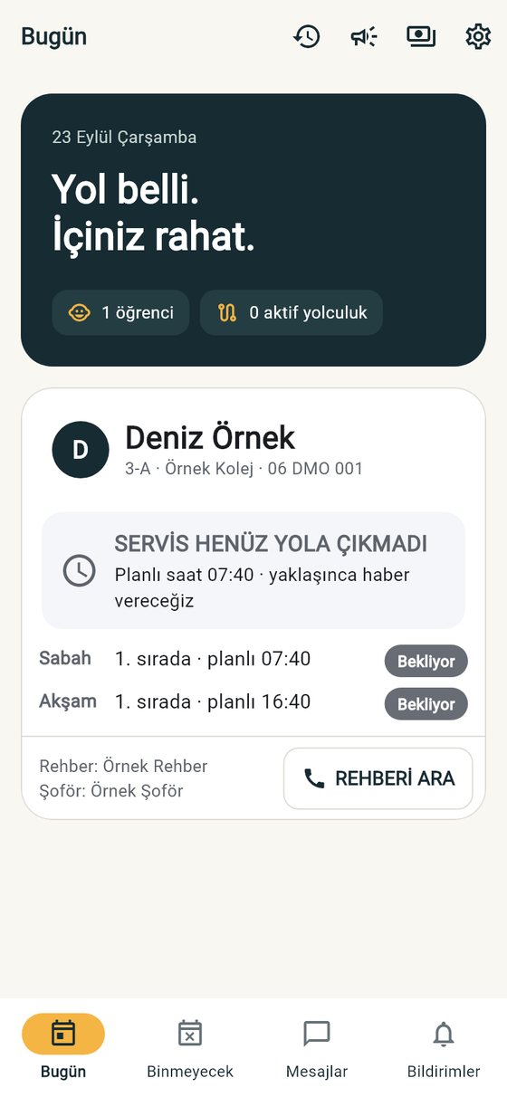 Veli uygulaması Bugün ekranı: çocuğun sabah ve akşam servis planı